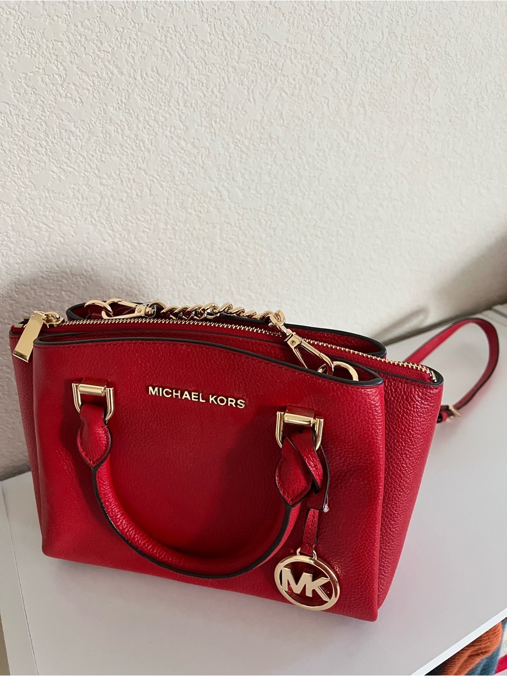 Michael Kors Red Pebbled Leather Crossbody Satchel with Gold Hardware